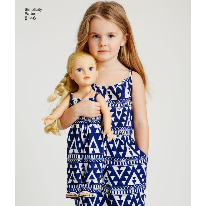 8146 Matching outfits for Misses, Child and 18" Doll. Size: Kid´s 3-8 y / Adults XS-XL (32-50)