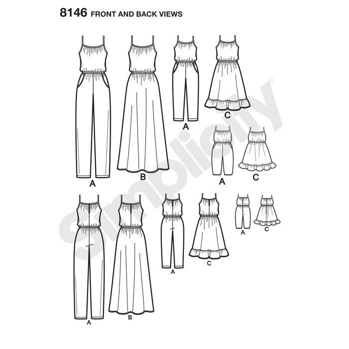 8146 Matching outfits for Misses, Child and 18" Doll. Size: Kid´s 3-8 y / Adults XS-XL (32-50)